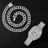 Altri orologi 3 pezzi / set set di collane con bracciale a catena cubana Hip-Hop da uomo con strass borchiati (con regolatore del cinturino) Y240316