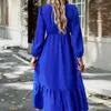 Casual Dresses Spring Autumn Blue Long Women Fashion V Neck Ruffled Dress Ladies Elegant Loose Puff Sleeve Maxi
