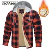 Tacvasen Cotton Soft fleece fodrad Mens Flanell Shirt Jackets Button Down Plaid quiltade vinterhuvor Tjock Hoodie Outwear 240301