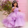 Robes de fille violet clair enfants anniversaire fleur gonflée plissée col en V à plusieurs niveaux Tulle robes de bal pour les petites filles