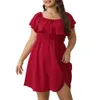 Femmes robe d'été col carré manches courtes à volants décor Mini élastique taille haute couleur unie ourlet ample grande taille 240312