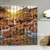 Shower Curtains Forest Waterfall Scenery Shower Curtain Autumn Red Maple Leaves Stone Park Nature Photography Bathroom Curtains Home Wall Decor Y240316