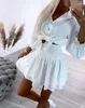 Werkjurken Mode 2 Stuks Voor Vrouwen 2024 Lente Zomer Casual Eenvoudige Turn-Down Kraag Geknoopt Shirred Button Top Gelaagde Mini rok Set