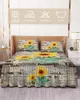 Bed Skirt Sunflower Vintage Spaper Wood Grain Elastic Fitted Bedspread With Pillowcases Mattress Cover Bedding Set Sheet