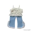 Kledingsets Zomer Babymeisjeskledingsets Mouwloze top Meerlaags patchwork Bloemen Jarreteltopje + Kant Parel Splitjeans Kinderpakken