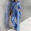 Vintage Loose Office Outfits Spring Print Two Piece Set Womens Fashion Long Sleeve Shirt and Straight Ben Pants Party Suit 240315