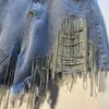 Yaz Yeni Tasarımcı Kot Kısa Pantolon Atılım Yüksek Bel Rhinestone Tassel Zinciri İnce Uygun Düz Namlu Denim Şortları Kadınlar İçin