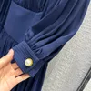 عميق الأزرق الخصر 2024 جديد الربيع/الصيف بولو طوق 1/2 الأكمام مصمم الأزياء فستان العلامة التجارية نفس الفستان على نفس النمط