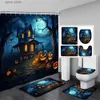 Tende da doccia Halloween Tenda da doccia Set Foresta Zucca Alberi morti Lapide Horror Notte Arredamento bagno Tappeto da bagno Tappetino da bagno Coperchio coperchio WC Y240316