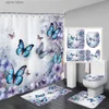 Rideaux de douche Ensemble de rideau de douche papillon floral violet bleu fleurs plantes rideaux de bain avec tapis de bain couverture de toilette salle de bain décor paillassons Y240316