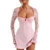 Casual Dresses Women Y2k Long Sleeve Mini Dress Backless Tie-Up Low Cut Short Sexy Lace Floral Bodycon A-Line Party Club Cocktail