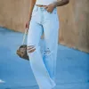 2024 Calça jeans feminina de pernas largas lavada e perfurada casual