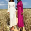 Casual Dresses 2024 Arrival Women Sexy Slim Body Long Dress O-Neck Stretch Flare Sleeve Maxi With Belt Vestidos