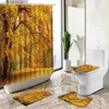 Shower Curtains Autumn Forest Scenery Shower Curtain Waterfall Red Maple Leafs Natural Landscape Non-Slip Rug Toilet Cover Bathroom Decor Set Y240316