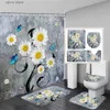 Shower Curtains Rustic Floral Shower Curtain Set Yellow Sunflower Blue Butterfly Flowers Bathroom Decorative Floor Rug Bath Mat Toilet Lid Cover Y240316