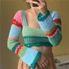Xingqing 2000s Stripe Sweater Crop Top Vintage Aesthetic Women Flared Long Sleeve編みTシャツGrunge Fairy Core Coordes 240311