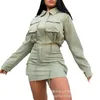 Femmes 2 pièces ensemble de vêtements à manches longues poches haut taille haute mini jupe Cargo Safari été printemps vêtements costume couleur unie 240329