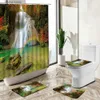 Shower Curtains Autumn Forest Scenery Shower Curtain Waterfall Red Maple Leafs Natural Landscape Non-Slip Rug Toilet Cover Bathroom Decor Set Y240316