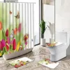 Zasłony prysznicowe Kolorowe Tulip Kwiata zasłony prysznicowe Spring Butterfly Zielona roślina Pastorowa sceneria bez poślizgu dywanika toaletowa okładka łazienka deco set y240316