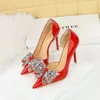 Sandals Spring And Summer Pointed Lacquer Leather Side Air Crystal Bow Single Shoes Thin High Heels Banquet Dress Women's