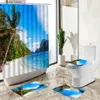 Shower Curtains Ocean Beach Scenery Shower Curtain Summer Vacation Bathroom Set Starfish Shell Palm Tree Non-Slip Carpet Toilet Cover Floor Mat Y240316