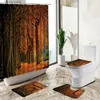 Shower Curtains Natural Scenery Shower Curtain Autumn Forest Trees Maple Leaf Road Landscape Home Deco Bath Mat Toilet Cover Bathroom Carpet Set Y240316