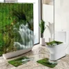 Douchegordijnen waterval Lake Lake Scenery Douche Gordijn Forest Groene planten Bloemen Leer Natuurlijk landschap Huis Tapijt Toilet Cover Bad Mat Set Y240316