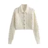 Cardigan en tricot court blanc perlé pour femme, pull décontracté à la mode, col rond, boutons, hauts féminins, automne hiver