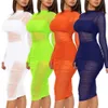 Grundläggande casual klänningar Sexig mini bodycon klänning spetsnät se genom festklänningar kvinnor smala klubbkläder solid long SLE BASIC FE UTFITSC24315