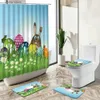 Shower Curtains Cute Cartoon Bunny Shower Curtain Easter Egg Butterfly Flower Green Plant Spring Scenery Rug Toilet Lid Cover Bath Mat Set Gift Y240316