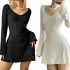 Basic Casual Dresses Knitted y2k Dress for Women 2024 Solid U Neck Backless Sexy Long Flared Sles Basic Slim Mini A-Line DressC24315