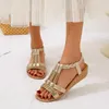 Sandálias Senhoras Moda Strass Strap Bohemian Verão Couro Malha Open Toe Wedge Women's 2024