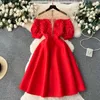 Basic Casual Dresses Elegant Patchwork Sheer Gauze Puff Short Sle Dress Chic Party A-line Vestidos High Waist Basic Women Autumn Winter DressC24315