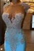 Luz Azul Sereia Vestidos de Baile 2024 Sheer Cap Mangas Frisadas Strass Mulheres Pageant Vestidos Backless Long Party Vestidos de Noite BC16254