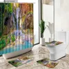 Shower Curtains Autumn Forest Scenery Shower Curtain Waterfall Red Maple Leafs Natural Landscape Non-Slip Rug Toilet Cover Bathroom Decor Set Y240316