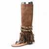 Sapatos casuais pista de vaca camurça oco para fora borla plana gladiador sandálias mulheres moda verão botas longas cunha sandalias plus size 34-41 cáqui