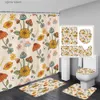 Shower Curtains Vintage Mushroom Shower Curtain Set Dragonfly Moth Retro Floral Plant Leaves Black Kids Bathroom Decor Bath Mat Toilet Lid Cover Y240316