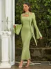 Robes décontractées Sexy Col Carré Flare Manches Maxi Robe Femmes Vert Manches Longues À Lacets Slim Soirée Celebrity Club Party