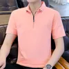 メンズポロストレンディショートスリーブハーフジッパーポロシャツ夏の韓国ボタンソリッドアイスシルクTシャツカジュアルルーズトップロパhombre 2024