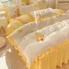 Bedding Sets Korean Princess Wind Bed Skirt Quilt Set Four Piece Sheet Three PINK Girls' Heart Wash Cotton