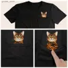 Мужские футболки Футболка CLOOCL Модная летняя футболка с карманом бенгальского кота Мужская и женская рубашка с 3D принтом Топ Веселая хлопковая черная футболка Q240316