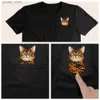 メンズTシャツクルークルTシャツファッションサマーベンガルキャットポケットTシャツ3D印刷メンズアンドレディースシャツトップファンコットンブラックTシャツQ240316