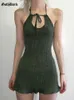 Basic Casual Dresses Goth Dark Knitted Fairy Grunge Green Folds Mini Dresses Gothic Retro Backless A-Line Women Dress Sexy Halter Lettuce Hem OutfitsC24315