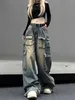 Women's Jeans QWEEK Y2k Vintage Baggy Jeans Women Grunge Washed Multiple Pockets Denim Cargo Pants Low Rise Sweatwear Causal Wide Leg TrousersL2403