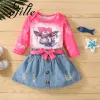 Vestidos Zafille Baby Denim Dress 2022 Cute Bull's Head Bodysuit + Bowknot Saias Set 2 Pcs Terno Infantil 018m Criança Bebê Menina Roupas Set