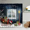 Shower Curtains Christmas Shower Curtain Set Beautiful Window View Winter Snow Scenery Xmas Tree Retro Wooden House Cute Snowman Bathtub Screens Y240316