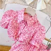 Kläderuppsättningar Summer Girls Clothes Suit 2022 Spring Fashion Casual New Girls Pink Leopard Print High midje Top +kjol Barnkläder