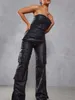 LW Women SXY Faux Leather Off The Shoulder Side Pocket Jumpsuit Daily Fashion High Street Straight Pocket Female Jumpsuit 240308