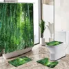 Rideaux de douche Feuille verte bambou forêt paysage rideau de douche ensemble printemps plante paysage salle de bain baignoire antidérapant piédestal tapis couverture de toilette Y240316