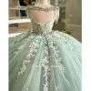 Mint Green Freading Tassel quinceanera sukienka koronkowa gorset z ramiona d kwiaty aplikacje